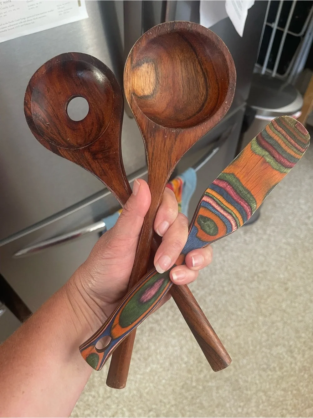 Set of 3 wooden kitchen utensils. Salad set and Spurtle